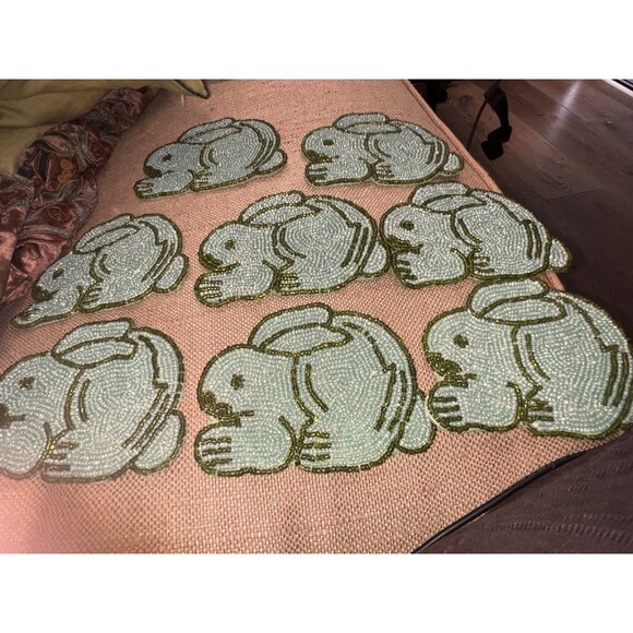 RLK By Leila’s Linen Hand Beaded Rabbit Coasters Green And Blue Made In India - Picture 3 of 12